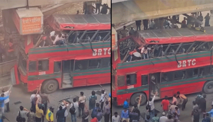 এলিভেটেড এক্সপ্রেসওয়ের পিলারে দোতলা বাসের ধাক্কা এলিভেটেড এক্সপ্রেসওয়ের পিলারে দোতলা বাসের ধাক্কা