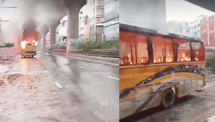রাজধানীতে যাত্রীদের নামিয়ে বাসে আগুন-গুলি